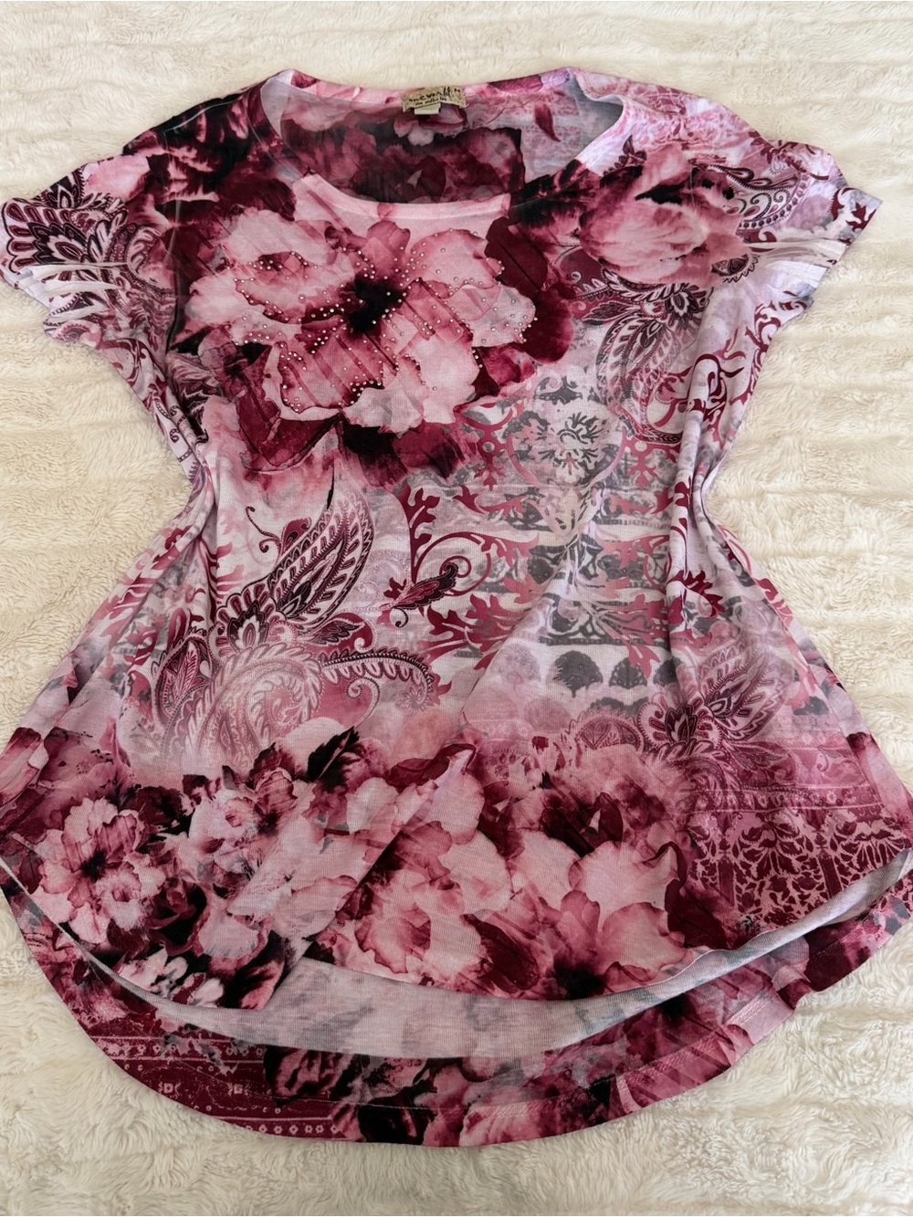 ONE WORLD Pink and Burgundy Floral Short Sleeve Tee